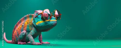 Obraz chameleon wearing sunglasses on a solid color background, vector art, digital art, faceted, minimal, abstract, panorama background. Generative AI.
