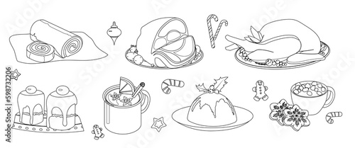 Festive food line set. Collection of graphic elements for website. Turkey  rolls and muffins with mugs with hot drinks  coffee or tea. Cartoon flat vector illustrations isolated on white background