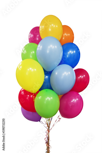 Holiday attributes: A large bunch of colorful inflated balloons with ribbons