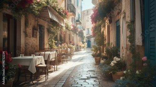 Empty mediterranean narrow street with cafe