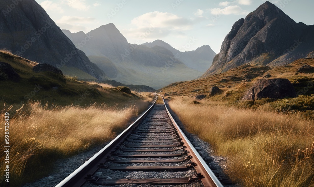 a train track with a mountain in the background and grass in the foreground. generative ai a train track with a mountain in the background and grass in the foreground. generative ai
