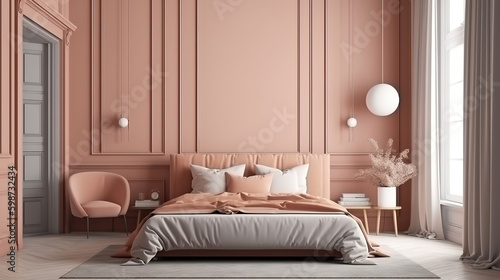 Mockup frame in cozy bedroom interior background. Generative Ai