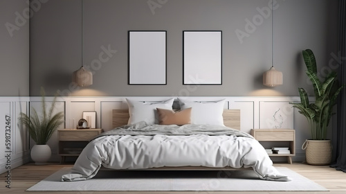 Picture frame mockup psd in a bright and clean modern bedroom. Generative Ai © hassanmim2021