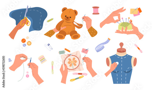 Handicrafts by hand set. Collection of hands that make clothes, toys. Seamstress and mannequin, character holding needle and thread. Cartoon flat vector illustrations isolated on white background