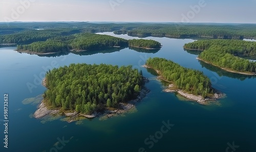  an aerial view of a group of small islands surrounded by water.  generative ai © Olga