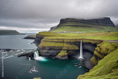 Gasadalur village and Beautiful waterfall, Vagar, Faroe Islands Generative AI. photo