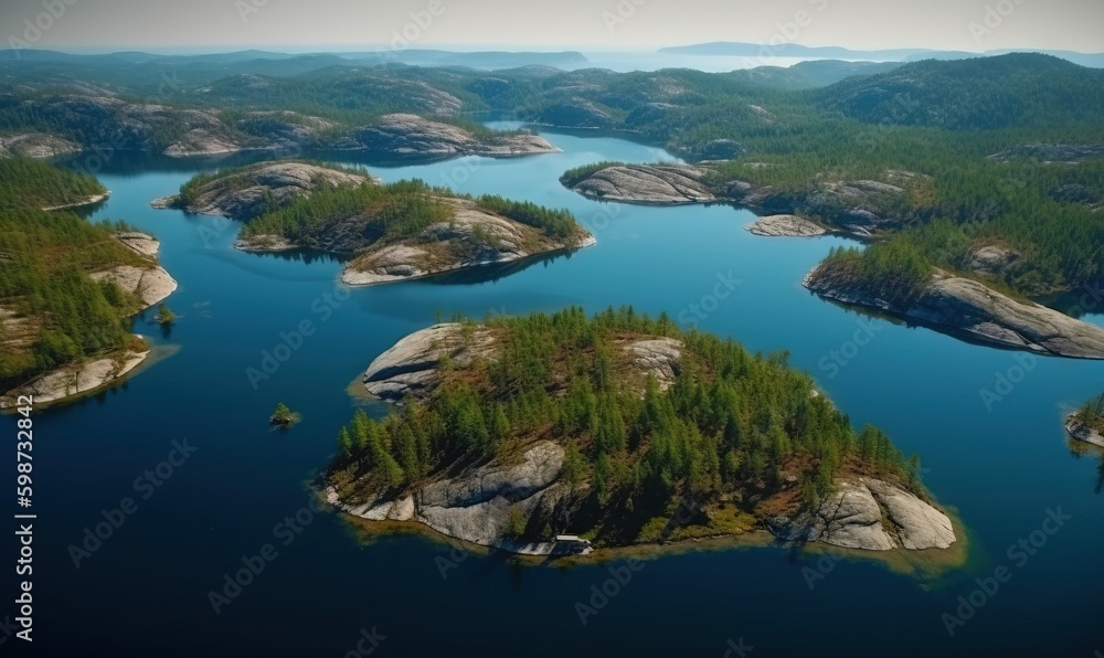  an aerial view of a lake surrounded by mountains and trees.  generative ai