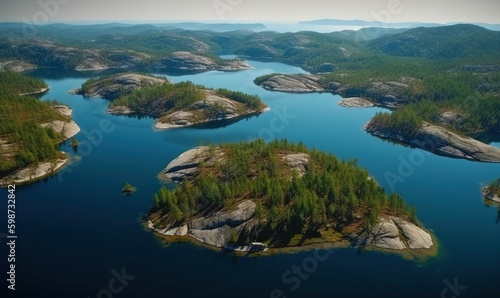  an aerial view of a lake surrounded by mountains and trees.  generative ai © Olga