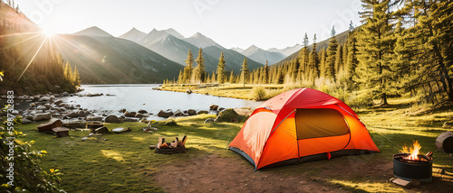 Tourist camp in the mountains, tent in the foreground. generative AI.