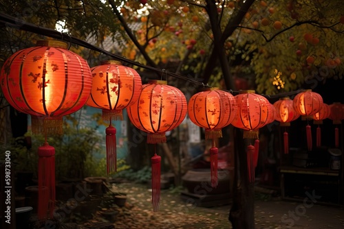 Street lighting in Chinese villages using their traditional lanterns, generative AI.