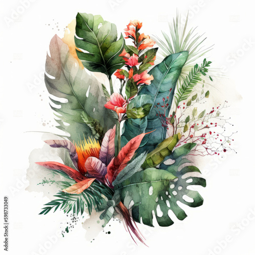 Watercolor tropical flowers. Illustration AI Generative