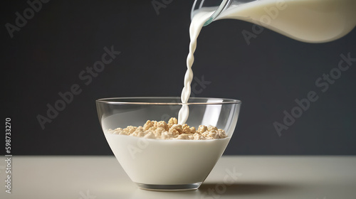 Milk and bowl of cereal. Illustration AI Generative.
