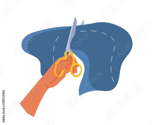 Hands with scissors cutting jeans concept. Creativity and art, production and repair of clothes. Tailor and atelier at work. Handmade and craftwork. Cartoon flat vector illustration