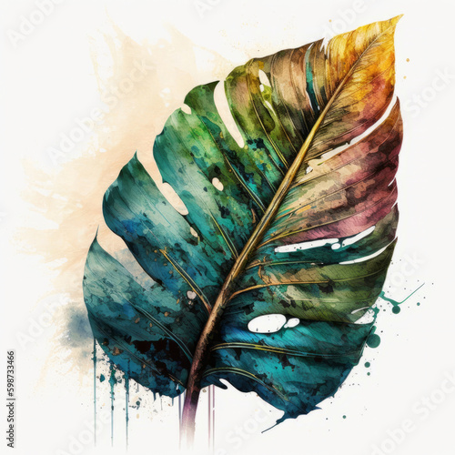 Watercolor tropical leaf. Illustration AI Generative