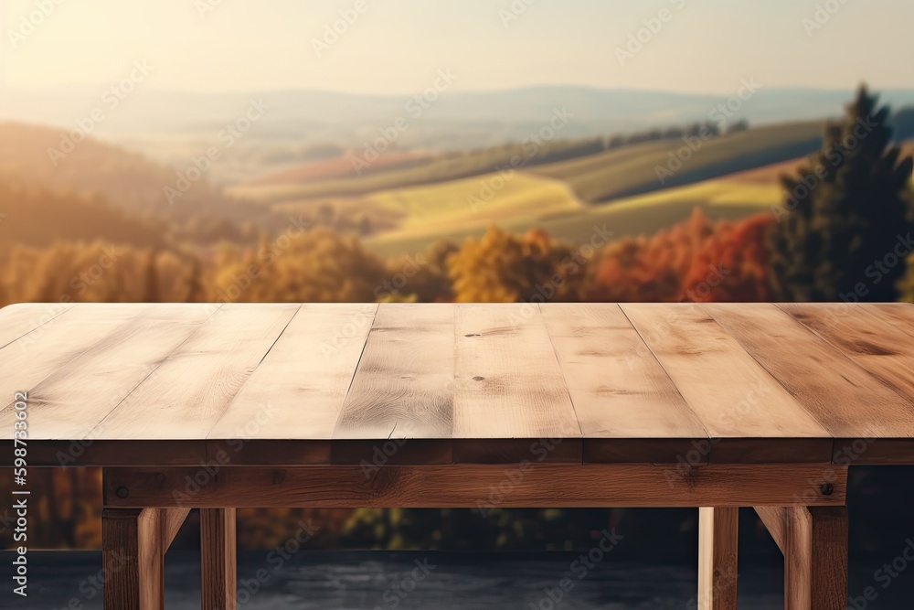 wooden table with a breathtaking scenic background. Generative AI Generative AI