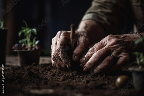 hands planting a seedling in fertile soil. generative AI