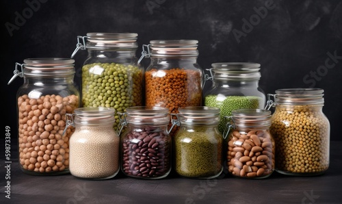  a group of glass jars filled with different types of beans. generative ai