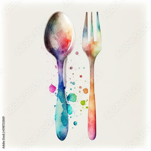 Watercolor spoon and fork. Illustration AI Generative
