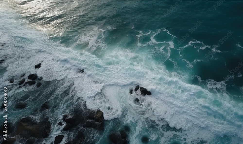  an aerial view of a body of water with rocks and waves.  generative ai