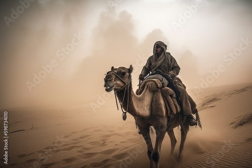A tourist rides a camel during a sandstorm in the desert, generative AI.