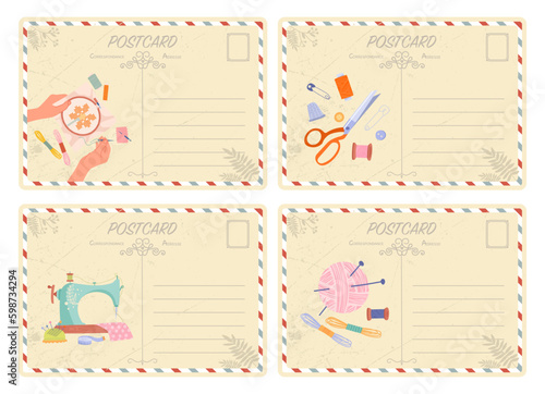 Handmade postcards set. Collection of envelopes with embroidery and handicraft. Scissors and needle and thread, sewing machine. Cartoon flat vector illustrations isolated on white background