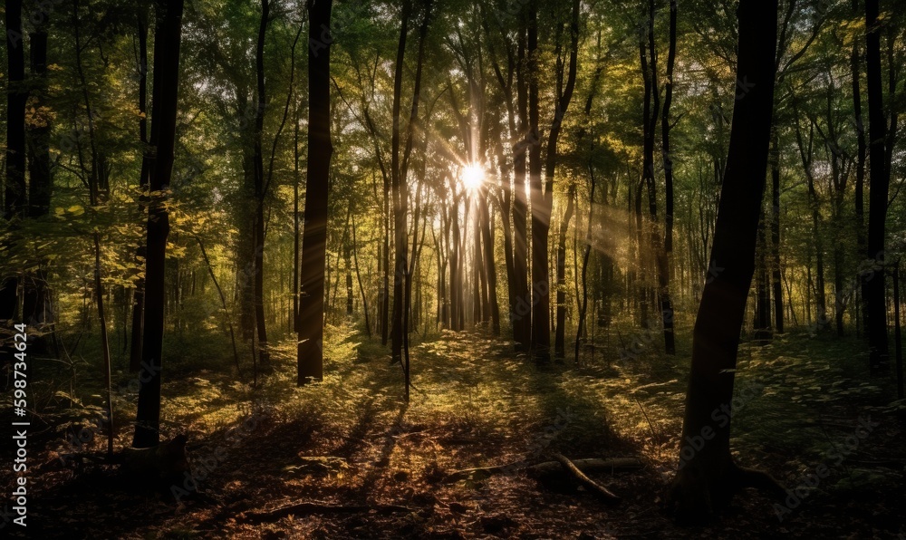  the sun shines through the trees in the forest on a sunny day.  generative ai