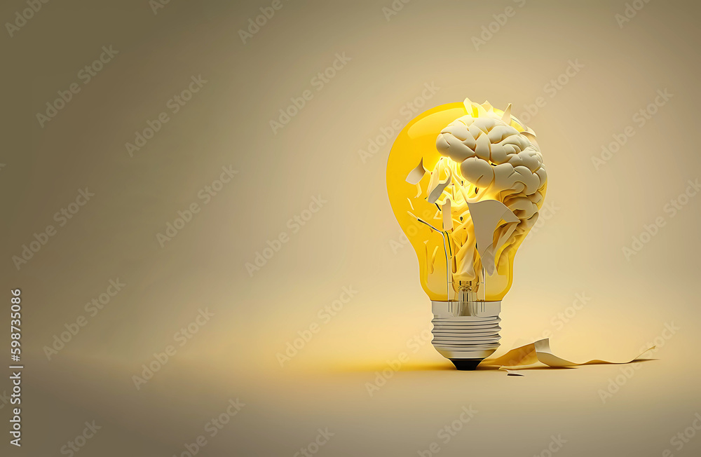 Creative. Yellow light bulb with a brain in the middle. Ideas. Generative AI Creative. Yellow light bulb with a brain in the middle. Ideas. Generative AI