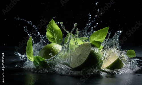  limes are splashing into the water with green leaves.  generative ai