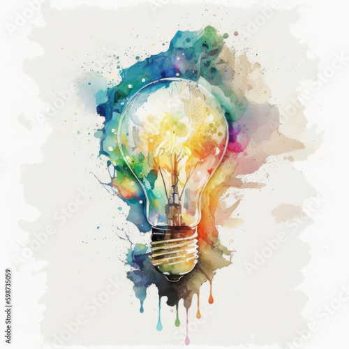 Watercolor light bulb. Illustration AI Generative.