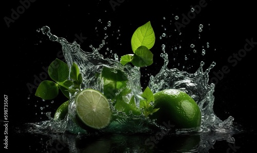  limes are splashing into the water on a black background.  generative ai