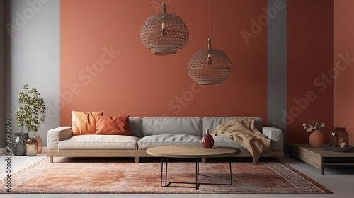 Living room in home interior, wall mockup, 3d render. Generative Ai