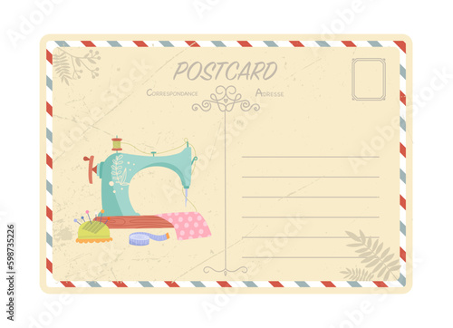 Handmade and sewing machine postcard. Mail, distance communication and interaction, business correspondence. Template, layout and mock up. Cartoon flat vector illustration