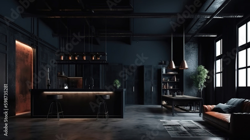 Modern dark home interior background  industrial style  3d render. Generative Ai