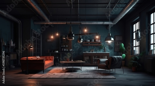 Modern dark home interior background  industrial style  3d render. Generative Ai