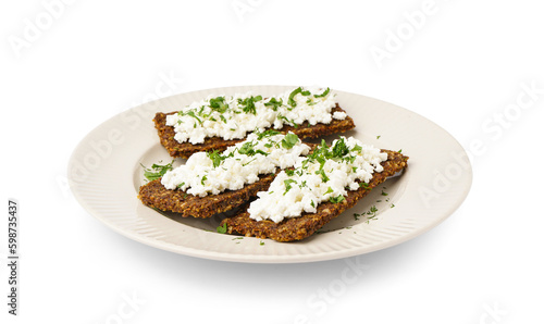 Plate with tasty cottage cheese and rye bread on white background