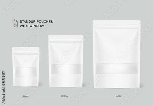 Stand up pouch bag mockups with transparent window mockup. Vector illustration. Front view. Can be use for template your design, presentation, promo, ad. EPS10.	
