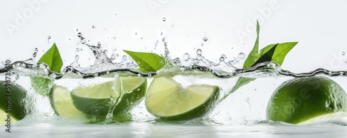  limes with leaves and water splashing on them on a white background.  generative ai