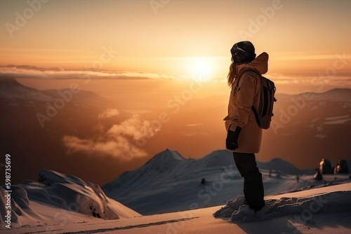 a girl in winter clothes stands on top of a mountain and looks at the winter landscape of the mountains  generative AI.