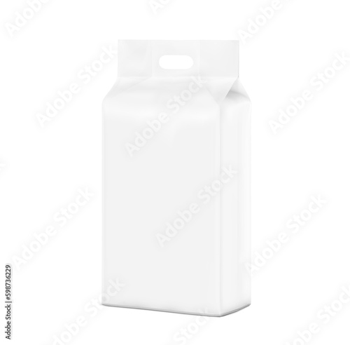 Realistic plastic stand bag with hand mockup. Vector illustration isolated on white background. Ready for your design. Suite for the presentation of diapers, pets, foods, pants, wipes, etc. EPS10