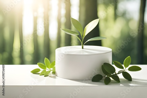 skincare products in style with stunning 3D rendered of a glossy white podium, set against a backdrop of natural green leaves and a twig, with delicate sunlight Spa still life