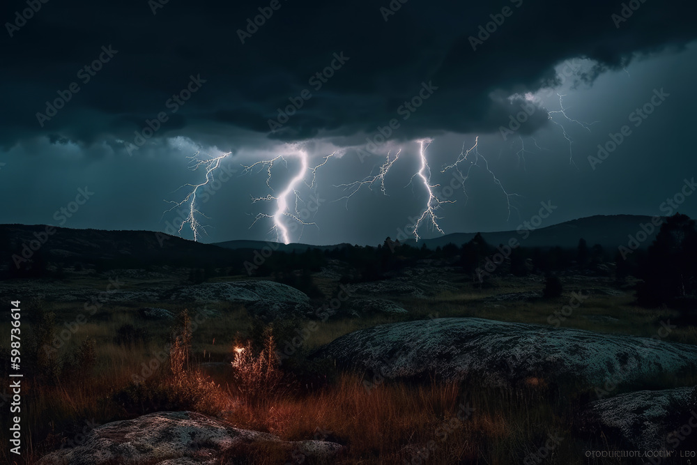 Lightning flashes on dramatic night sky, lightning strikes in wild nature, AI Generated landscape