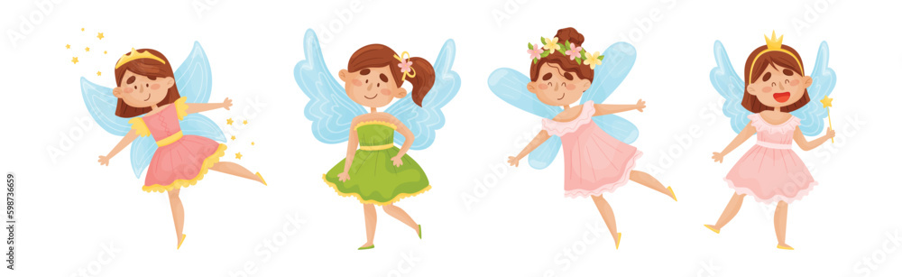 Cute Girl Fairy with Magic Wand Flying with Wings Vector Set. Cute Girl Fairy with Magic Wand Flying with Wings Vector Set.