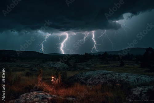 Lightning flashes on dramatic night sky, lightning strikes in wild nature, AI Generated landscape