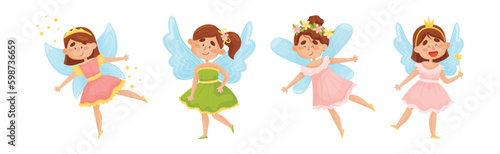 Cute Girl Fairy with Magic Wand Flying with Wings Vector Set.
