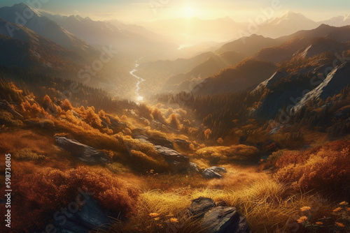 mountain landscape bathed in the golden light. generative AI