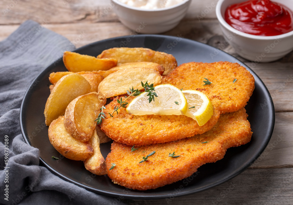 Chicken schnitzel with sauce, fried potatoes and lemon in a plate Chicken schnitzel with sauce, fried potatoes and lemon in a plate