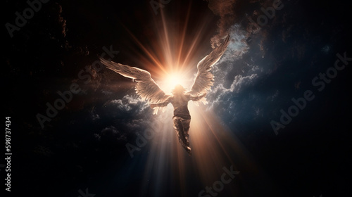 Angel flying from earth to heaven giving light in the darkness, God, Way to heaven, Creative artwork. Generative AI