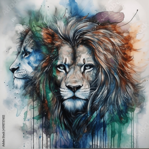 Mixed Portrait Of A Lion And A Lioness With Watercolor Painting 