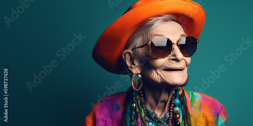 portrait of a cool old women with glasses and hat, crazy colorful lifestyle concept, fictional person created with generative ai
