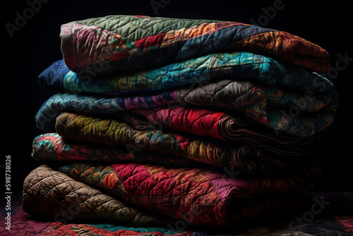 photography of a stack of colorful, handcrafted quilts. generative AI